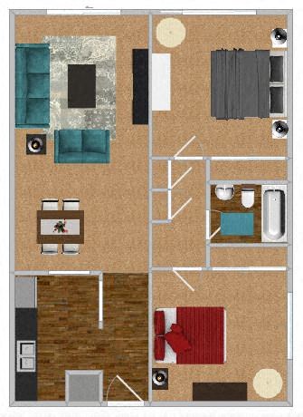 Floor plan for 2 beds, 1 bath, 1050 sqft